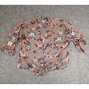 Pins And Needles Blouse XS Tan Floral Button Tie Front Roll Tab‎ Sleeves